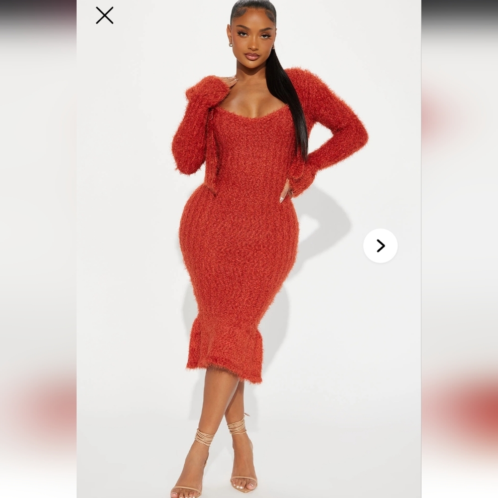 Fuzzy Knit Midi Dress with Matching Shrug - Red/Rust